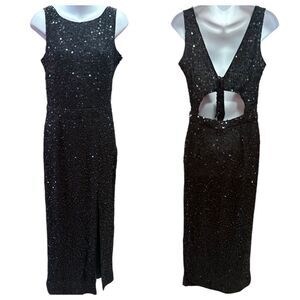 Chaudry Dress Womens Large Black Beaded 100% Silk Long Maxi Formal Evening New